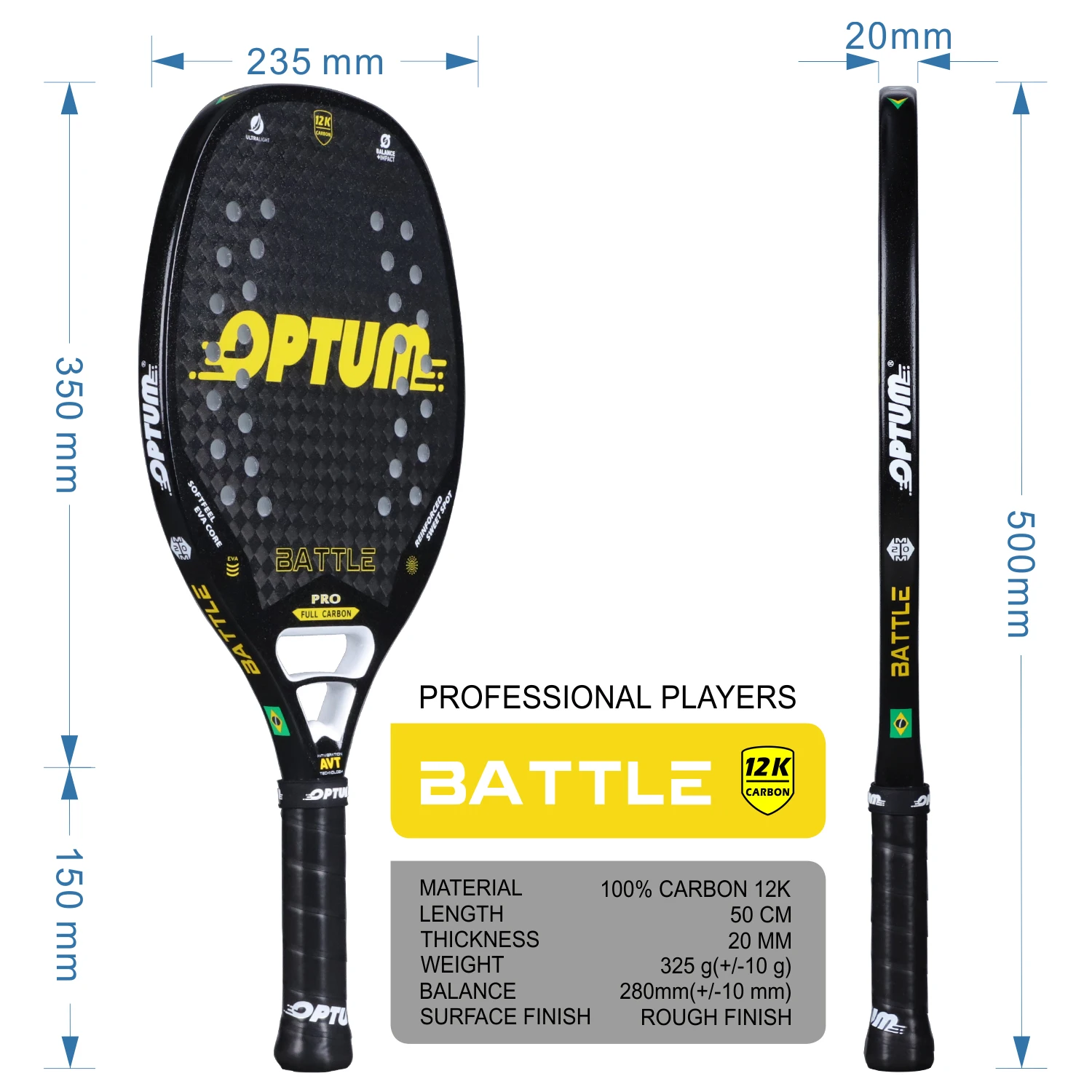 optum battle 12k carbon fiber rough surface beach tennis racket with cover bag
